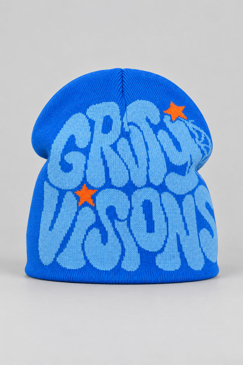 Bonnet Y2K 'Groovy Visions' bleu et orange — bonnet seul sur fond gris