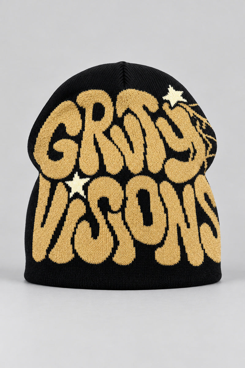 Bonnet Y2K 'Groovy Visions' noir et beige — bonnet seul sur fond gris