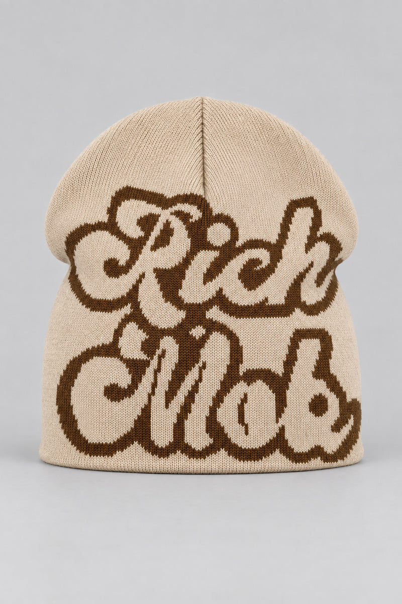 Bonnet Y2K 'Rich Mob' beige — bonnet seul sur fond gris