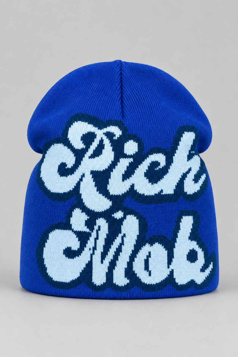Bonnet Y2K 'Rich Mob' bleu — bonnet seul sur fond gris