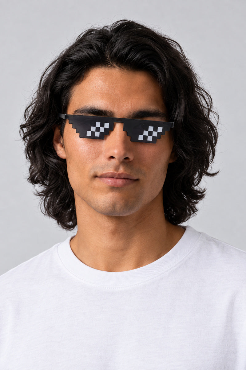 Lunettes Pixel Art Y2K — portées par notre modèle homme