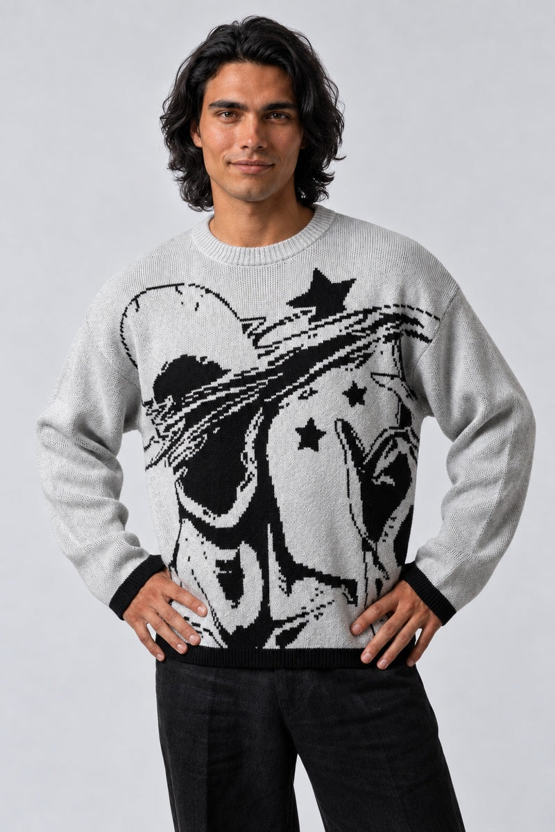 Pull Portrait Harajuku, porté de face sur fond gris clair