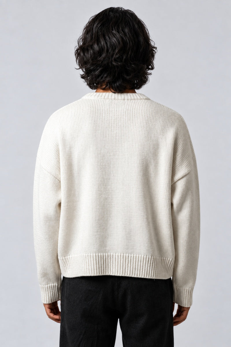 Pull Visage Pop Art, porté de dos sur fond gris clair