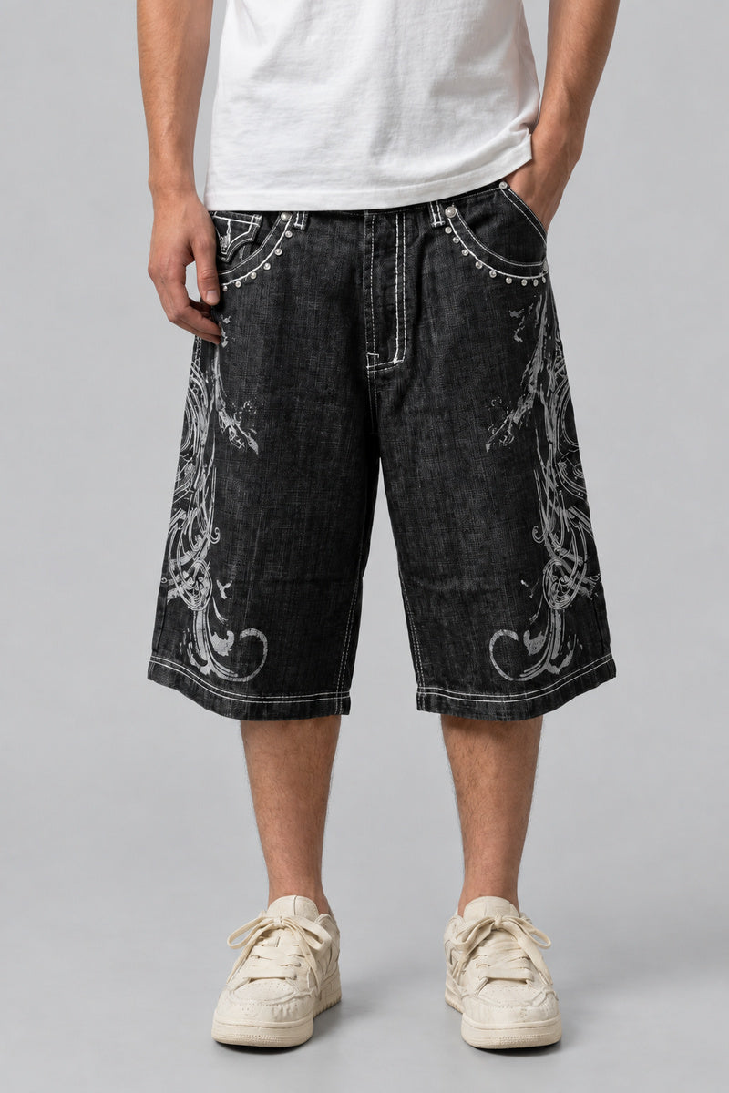 Short Denim Baggy Brodé — vue de face, Y2K CLUB