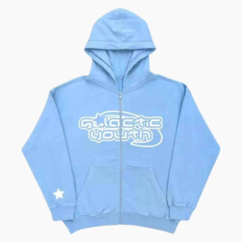 Sweat à capuche Y2K 'Galactic Youth' bleu clair