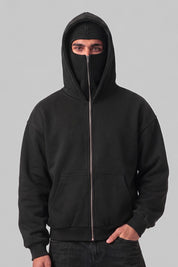 Sweat cagoule streetwear noir zippé porté de face, cagoule relevée - Y2K Club