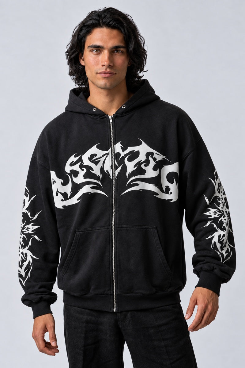 Sweat Tribal Ink Noir, vue de face sur fond gris clair — Y2K CLUB