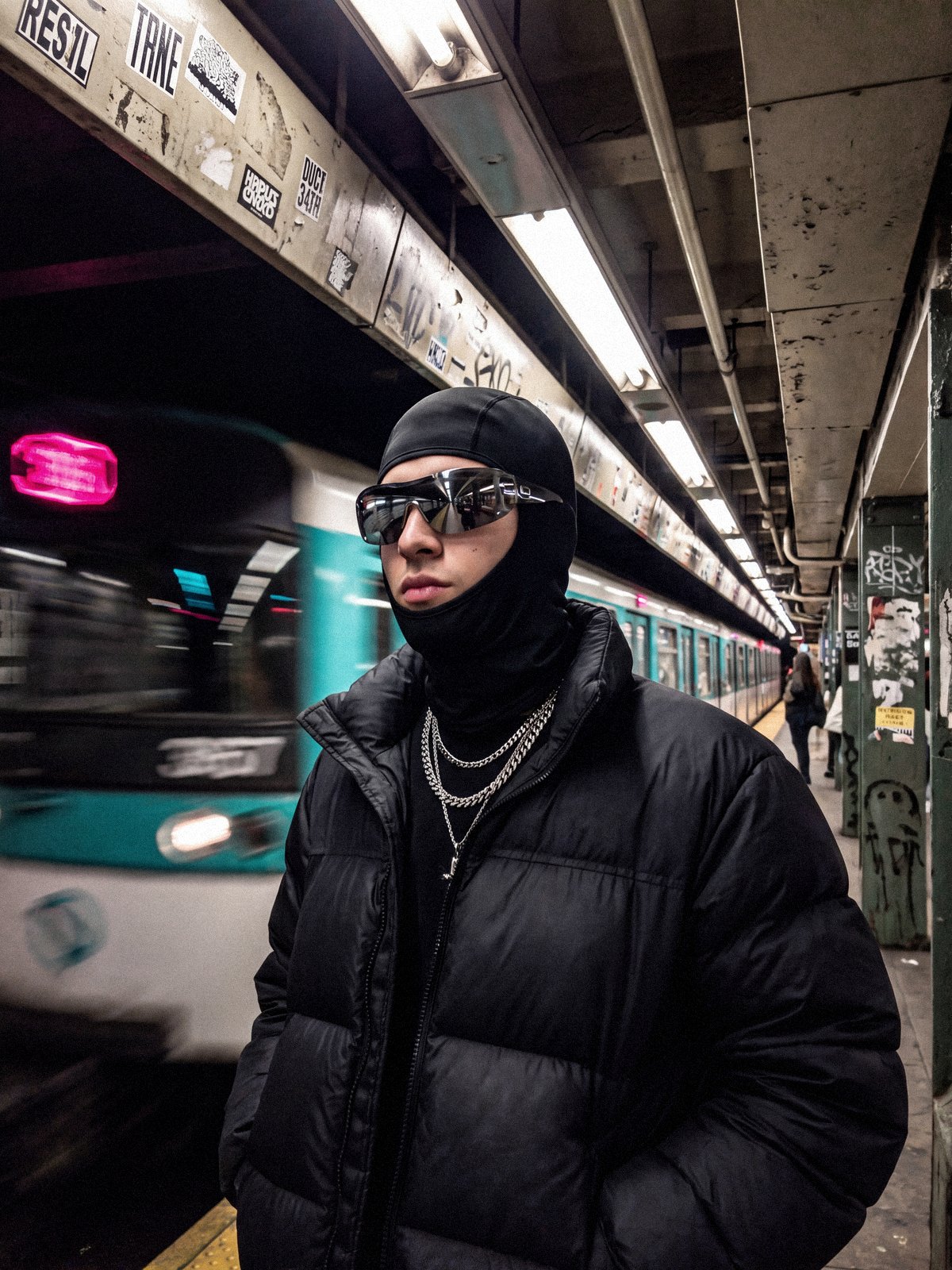 Cagoule noire, lunettes chrome et doudoune dans le métro – Le Y3K, la suite du Y2K | Y2K Club